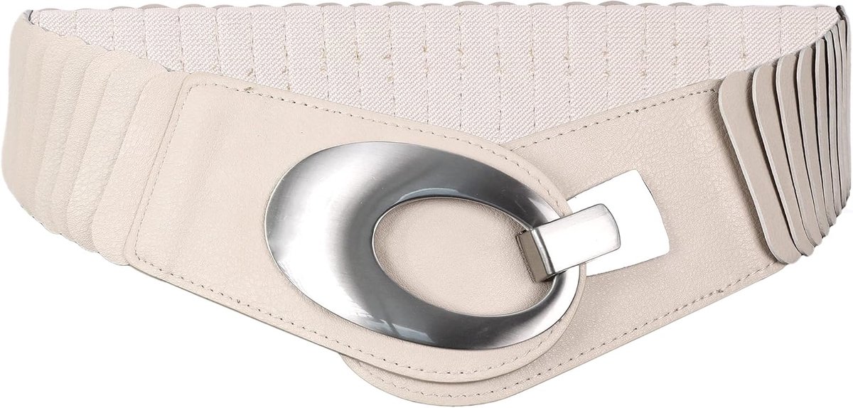 Brede damesriem, elastische tailleriem, heupriem, stretch riem met haaksluiting, crème, Eén Maat