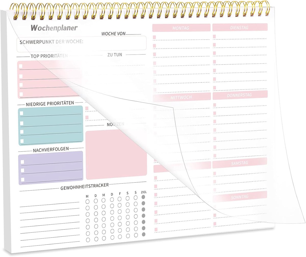 blok, 28 x 22 cm, spiraalgebonden, to-do-lijstblok, 52 vellen, ongedateerde weekplanner met to-do-lijst en gewoonte-tracker, to-do-planner voor studie, werk (roze)