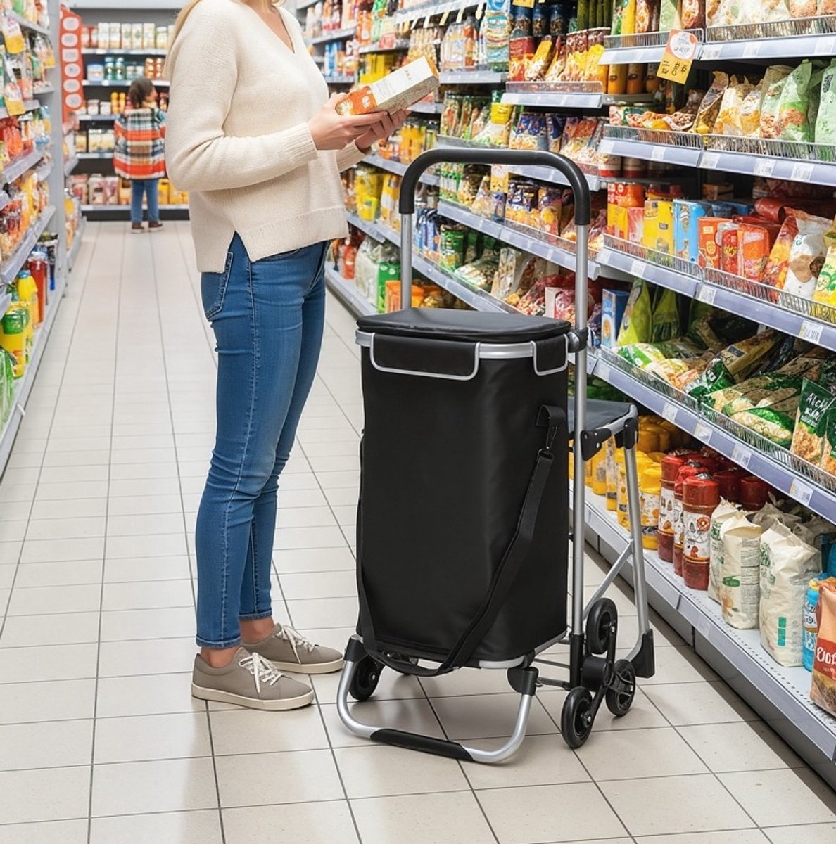 COVREO Boodschappentrolley 40 L zwart, van aluminium met zitje en 3 wielen