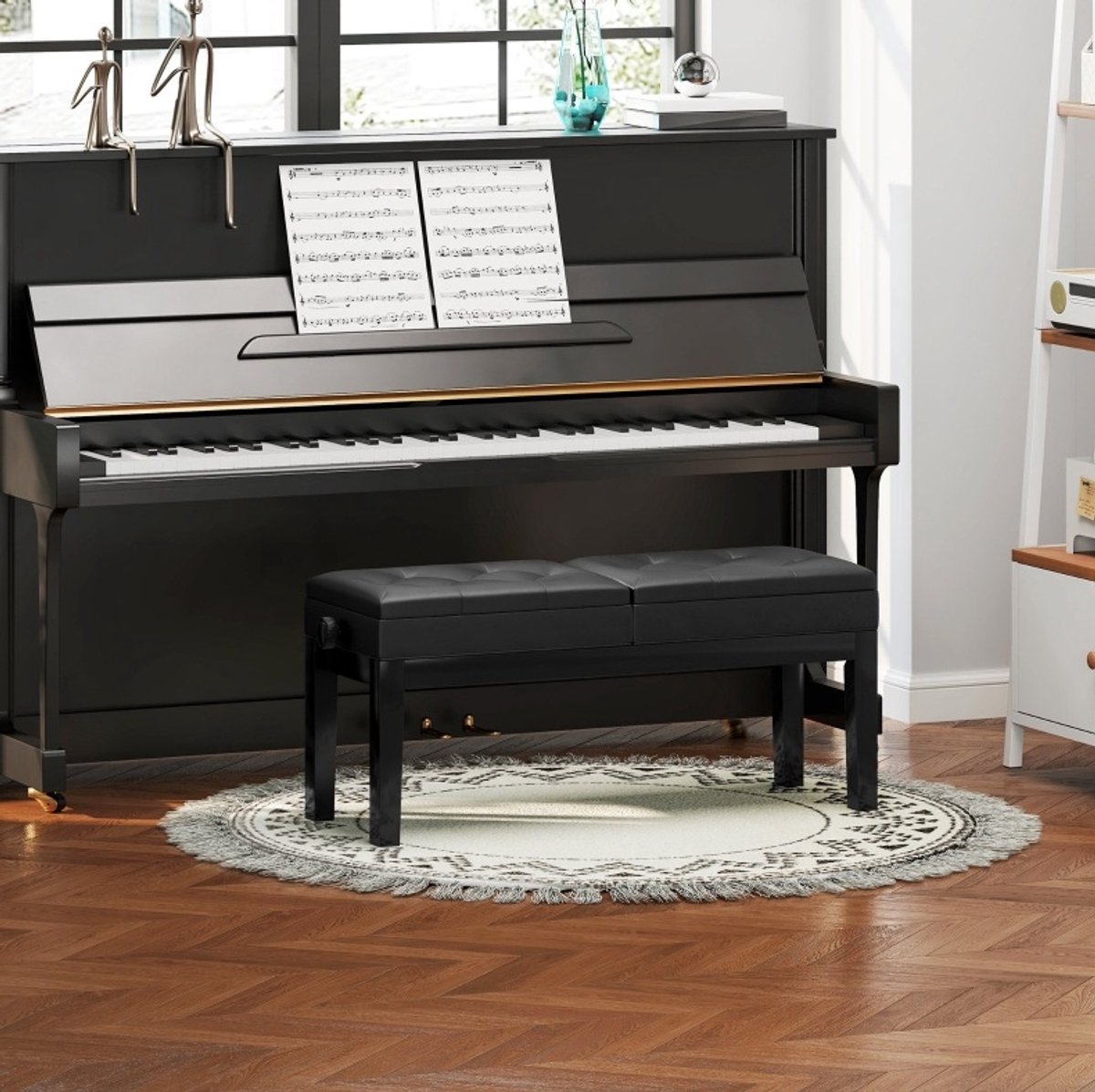 COVREO Klavierbank 105 x 37 x 48-58 cm, zwart, kunstleer, met opbergruimte