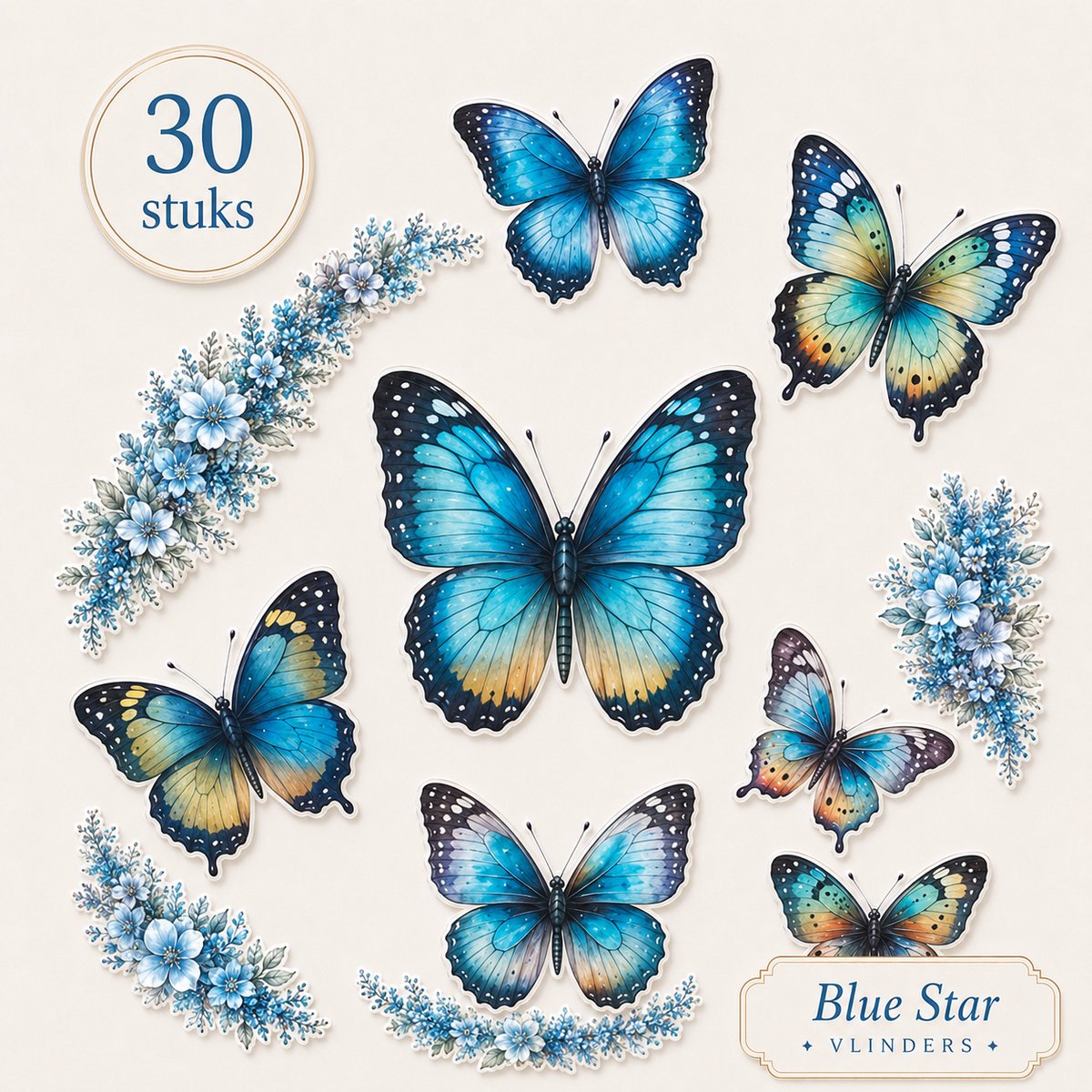 Blue Star Vlinders stickers - Blauw turquoise - Journaling