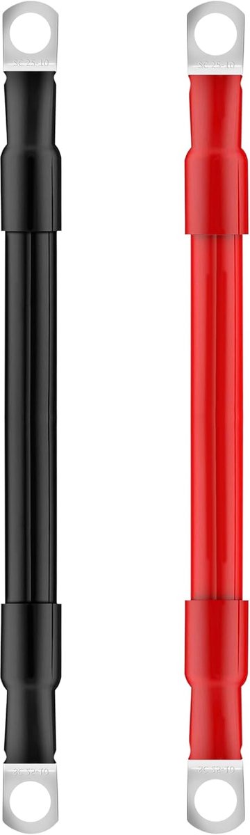 SnelShoppen - Accukabel 25 mm², 15 cm, 12 V, 3 AWG, Koper Accukabel met M10 Ring Terminals voor Auto, Motor, Zonnepaneel, Rood, Zwart, Set van 2