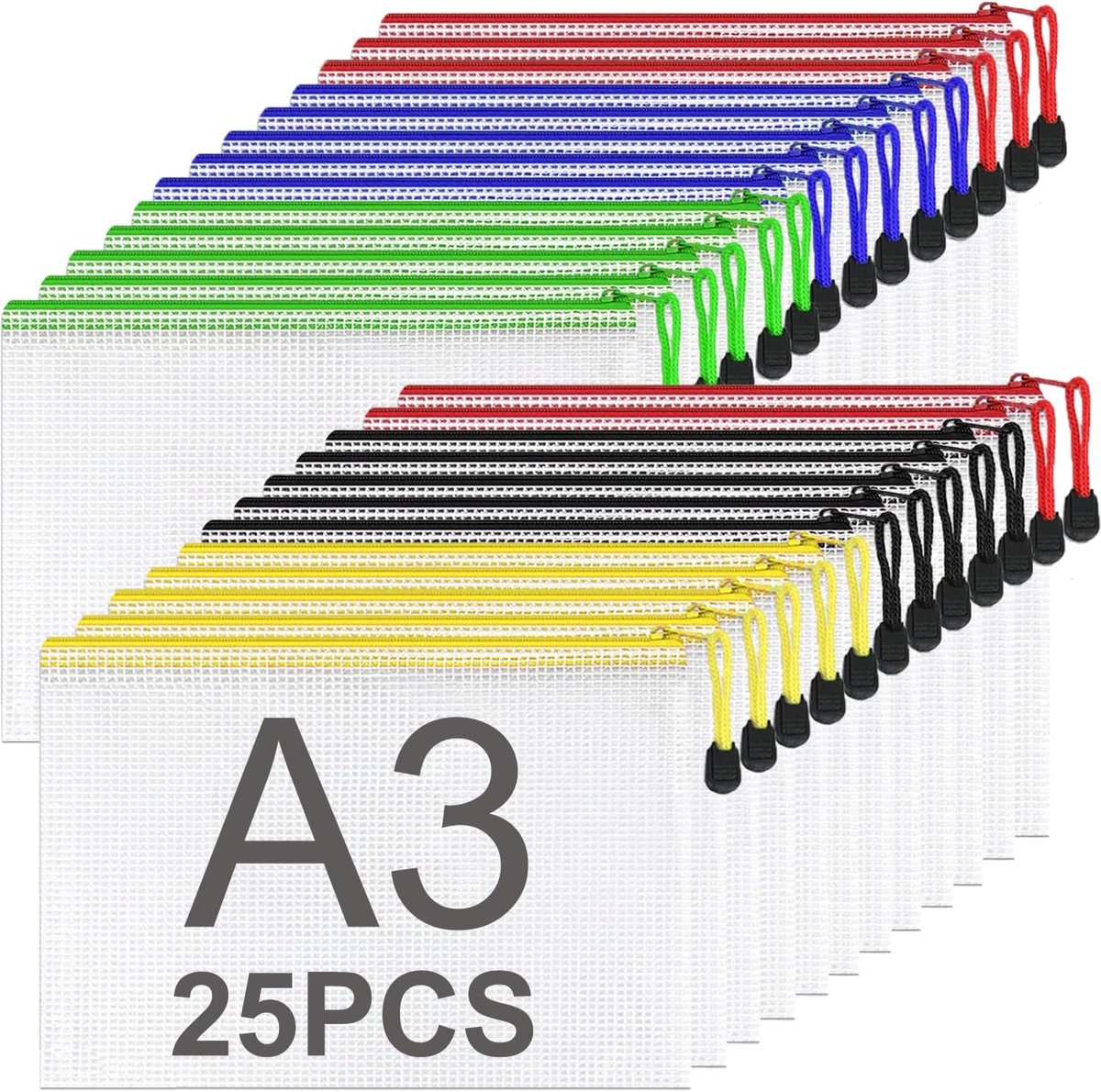SnelShoppen - 25 Stukken Netztas met Rits A3 31 x 44cm, Hoogwaardige Mesh Documententas in 5 Kleuren voor School, Kantoor en Reisdocumenten