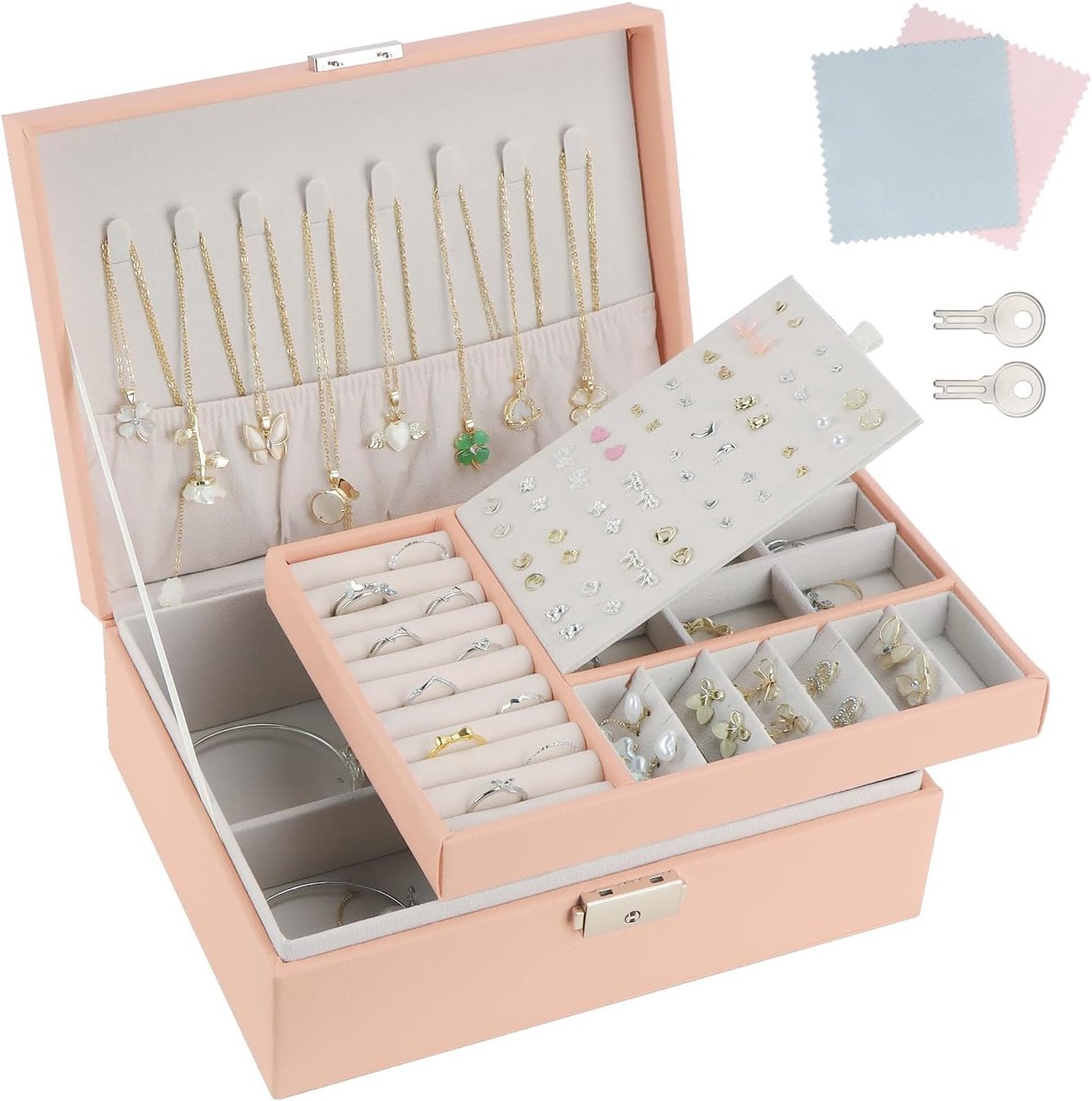 SnelShoppen - TEIVUL Sieradenbox Oorbellen Organizer voor Meisjes Vrouwen, PU Leer Roze Sieradenbox met Oorbellen Ringen Halskettingen Houder