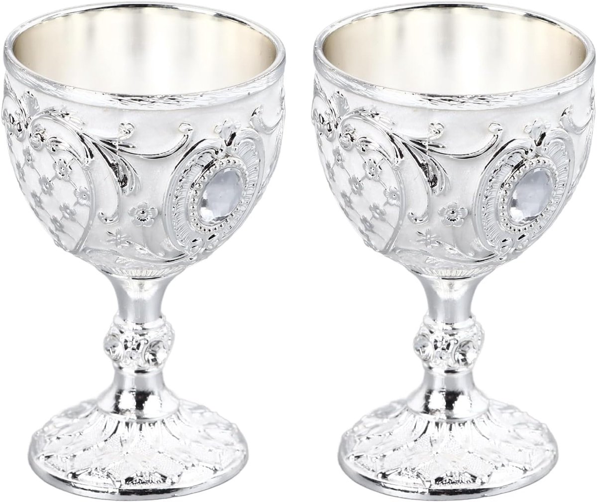 SnelShoppen - 2 Stuks Gouden Metaal Wijnglazen, Vintage Exquisiet Ontwerp Retro Wijnglazen Decoratie voor Thuis Feest Bruiloft Tafelgerei (Zilver Wit)