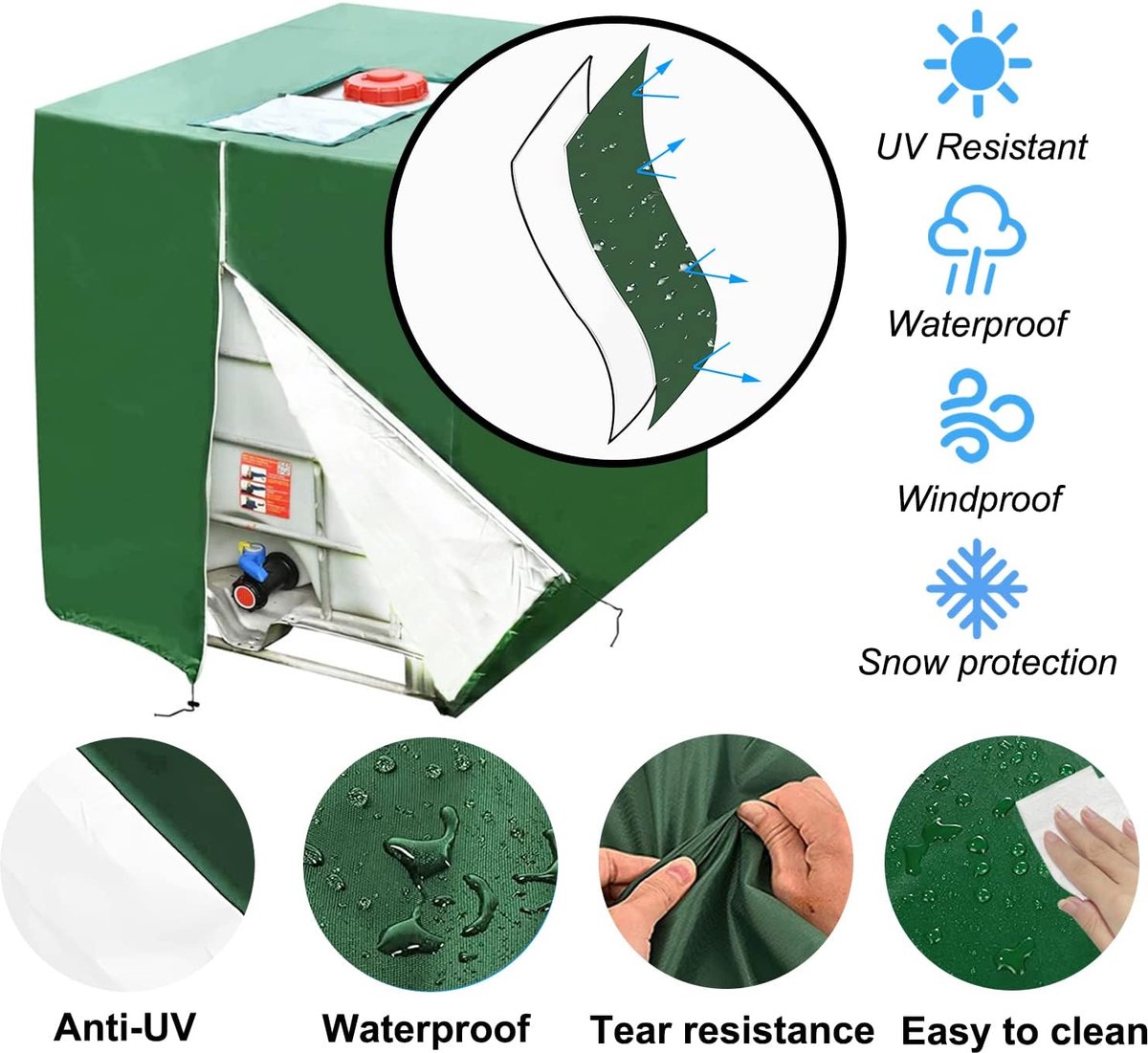 SnelShoppen - IBC Tank Cover 1000L Groen Stofdicht UV Bescherming IBC Tank Deksel met Bovenopening voor 1000L Water Tanks 120x100x116cm