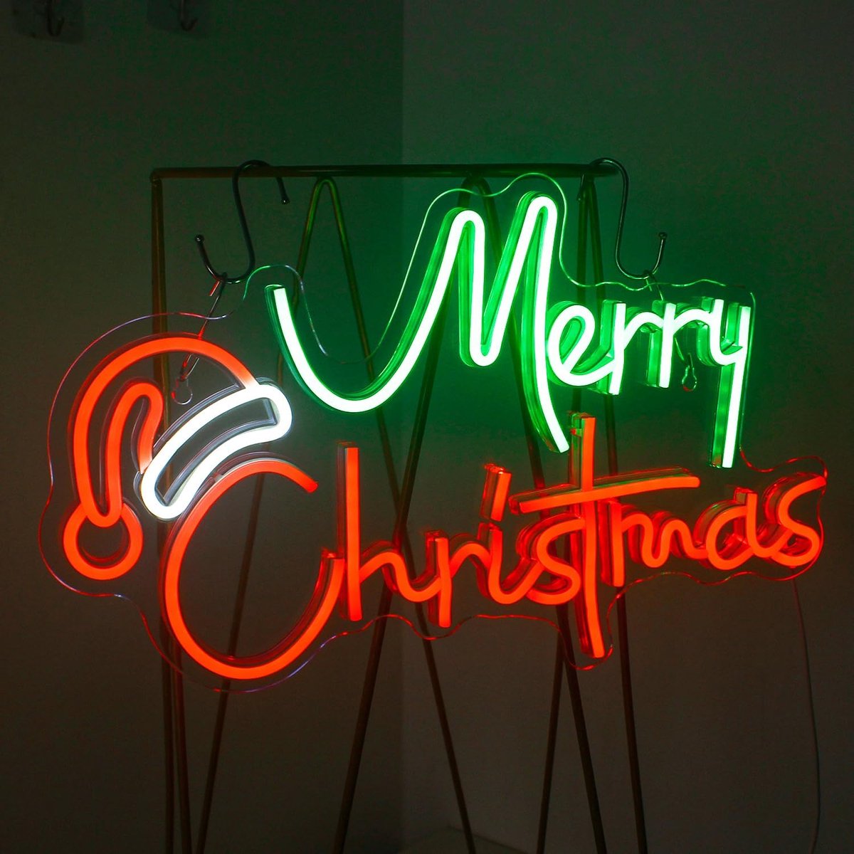 Looklight Merry Christmas Neon Sign Christmas Hat LED Neon Light Green Red Letters Neon Light Wall Art for Christmas - ShopVlot