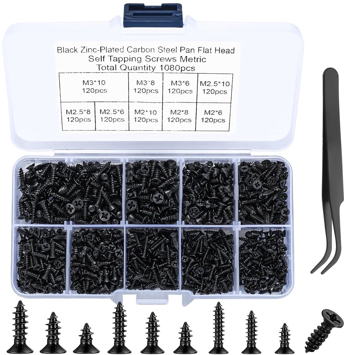 SnelShoppen - 1080Pcs Kleine Zelftappende Schroeven M2/M2.5/M3 Houtschroeven 6mm/8mm/10mm Phillips Platte Kop Zwart voor Kantoorapparatuur en Elektron