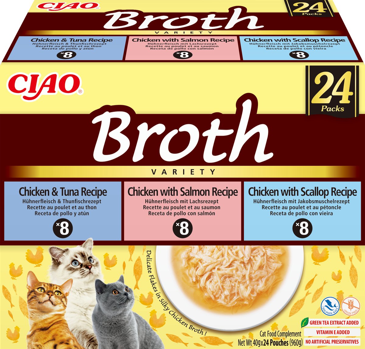 INABA CIAO Broth Kattenvoer Natvoer 3 Smaken Maaltijdzakjes 24x40g