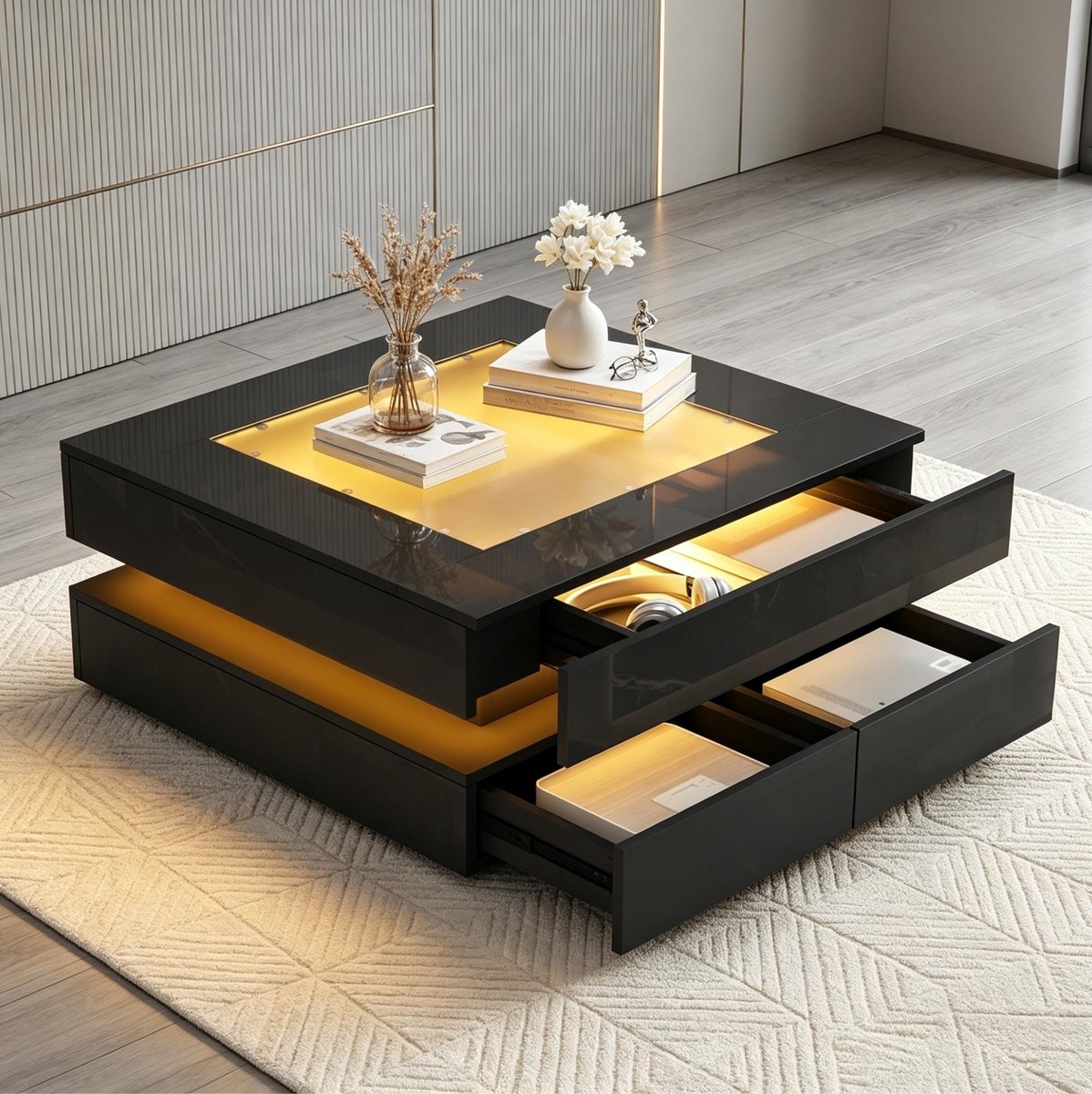 FloraGrace Salontafel - Hoogglans Met Glazen Tafelblad En LED-Verlichting - Met 3 Lades Voor Woonkamer - Hout En Glas - 70x70x35 Cm - Zwart