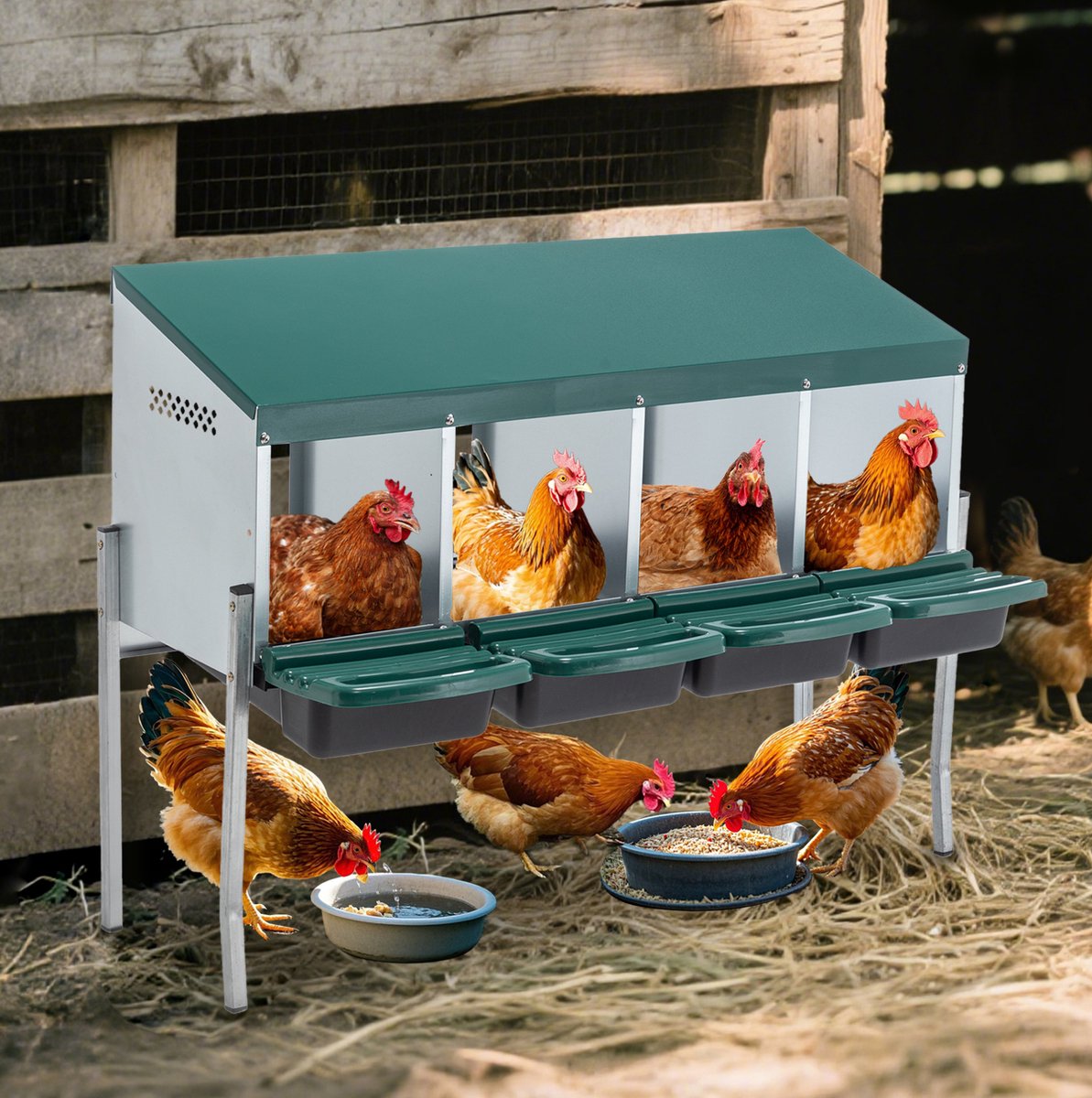 REDOM - Kippenlegnest - 4 nestvakken - Metalen constructie met afdekking en poten - Buitengebruik - Groen - 107 x 33 x 81 cm