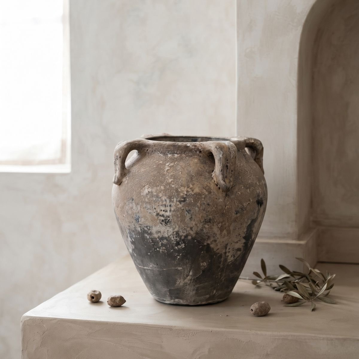 Decoratieve Amphora aardewerk vaas 30x30cm - Amfoor pot - Landelijke kruik, pot en vaas - Grote rustieke mediterrane vaas met handvatten - Landelijk Antieke stijl decoratie