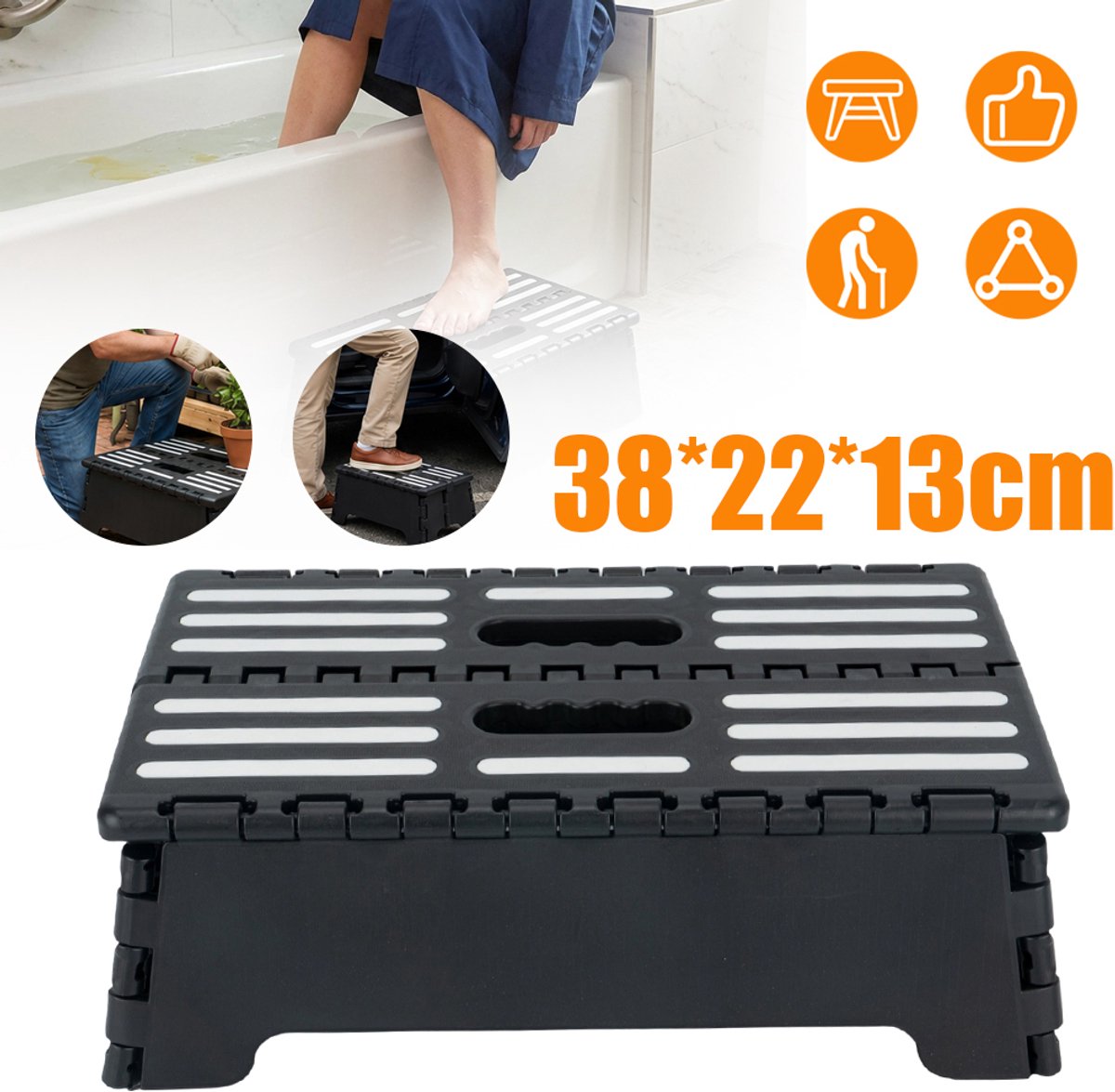 Draagbare Opvouwbare Kruk Voor Senioren En Zwangere Vrouwen - Antislip Oppervlak Ruimtebesparend Breukbestendig - 38x22cm, Zwart