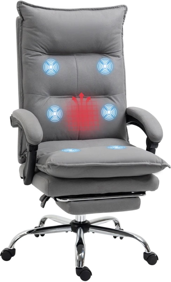 Ergonomische Bureaustoel met Massage- & Verwarmingsfunctie - met Voetensteun - In Hoogte Verstelbaar - 360° Draaibaar - Max. kanteling 155° - Kantoorstoel - Gamestoel - Volwassenen Stoel - Directiestoel - Computerstoel - Grijs