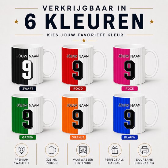 Disponible en 6 couleurs: noir, rouge, rose, vert, orange, bleu. Mugs avec 'Votre Nom' et le chiffre 9.