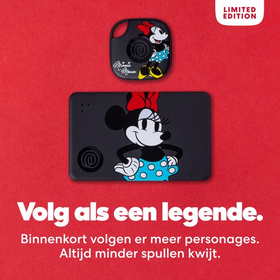 Een zwarte Tile tracker en Slim tracker met Minnie Mouse. Limited Edition.
