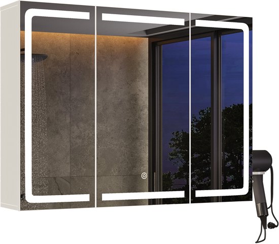 Grijze spiegelkast met 3 deuren, verlicht met LED-strips. Achter de deuren is een douche en buitenverlichting te zien.