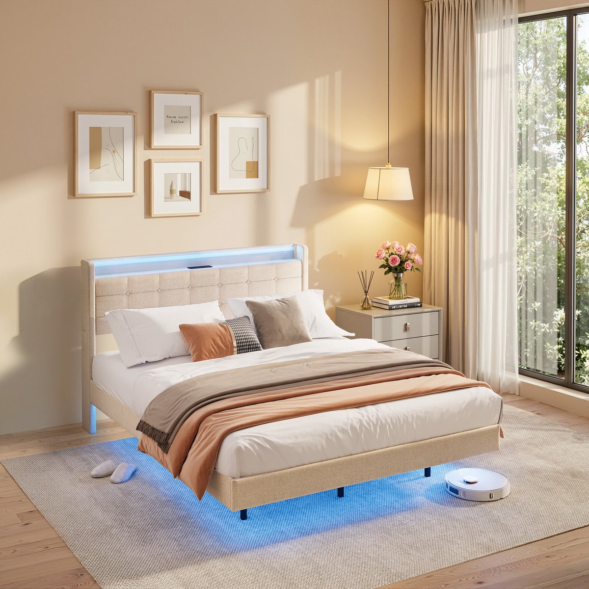 Xbro Gestoffeerd Bed 140 x 200 cm met LED-verlichting en USB,Tweepersoonsbed met Lattenbodem,Hoofdbord en Opberghoofdbord,Beige