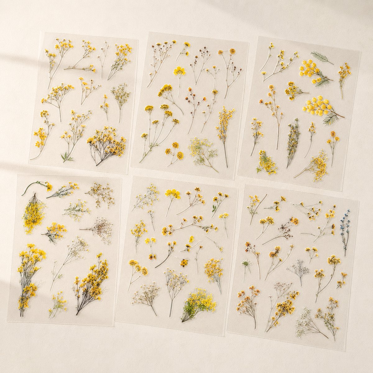 Gele Droogbloemen stickers - 6 vellen gipskruid mimosa - Journaling