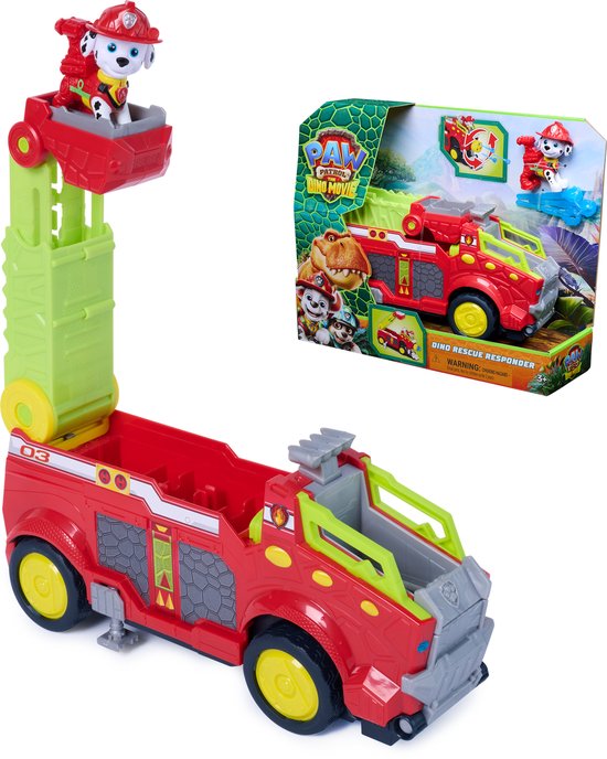PAW Patrol - De Dinofilm - Dino Rescue Responder - Speelgoedbrandweerwagen van meer dan 25,4 cm met Marshall-actiefiguur en 3 projectielen
