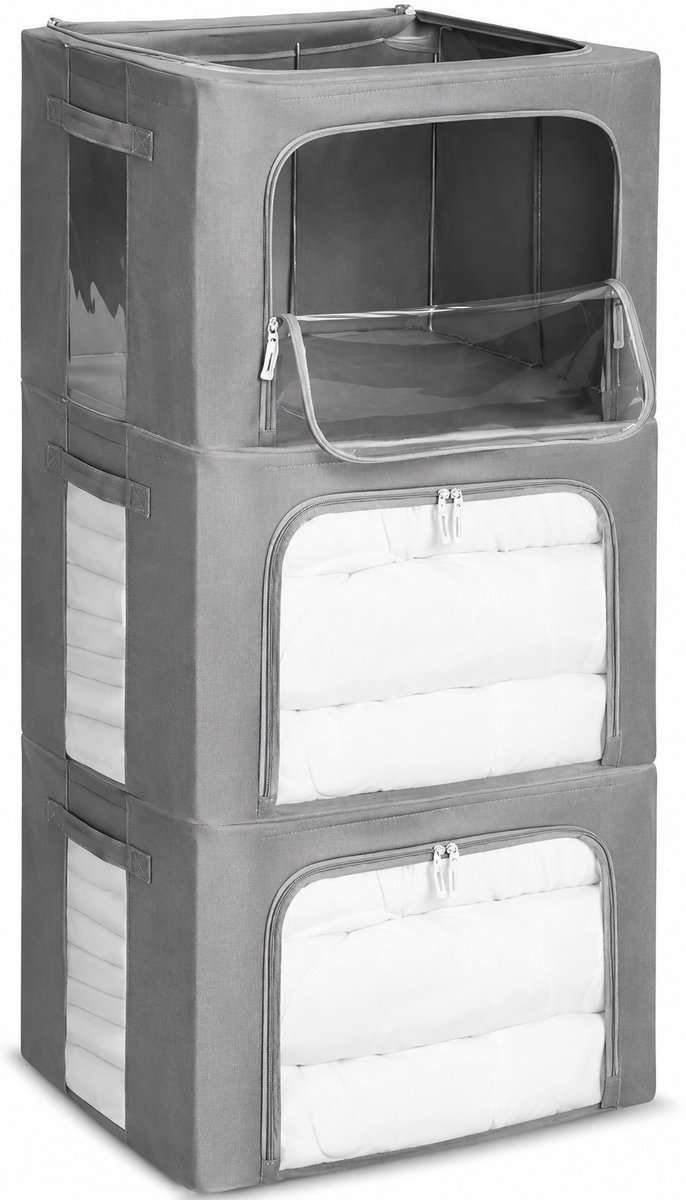 Kledingopbergbox Set Van 3 - 66L Opvouwbare Opbergtassen Met Metalen Frame En Ritssluiting - Stapelbare Kledingbox Voor Dekbedden, Beddengoed En Textiel - Stevige Kast Organizer