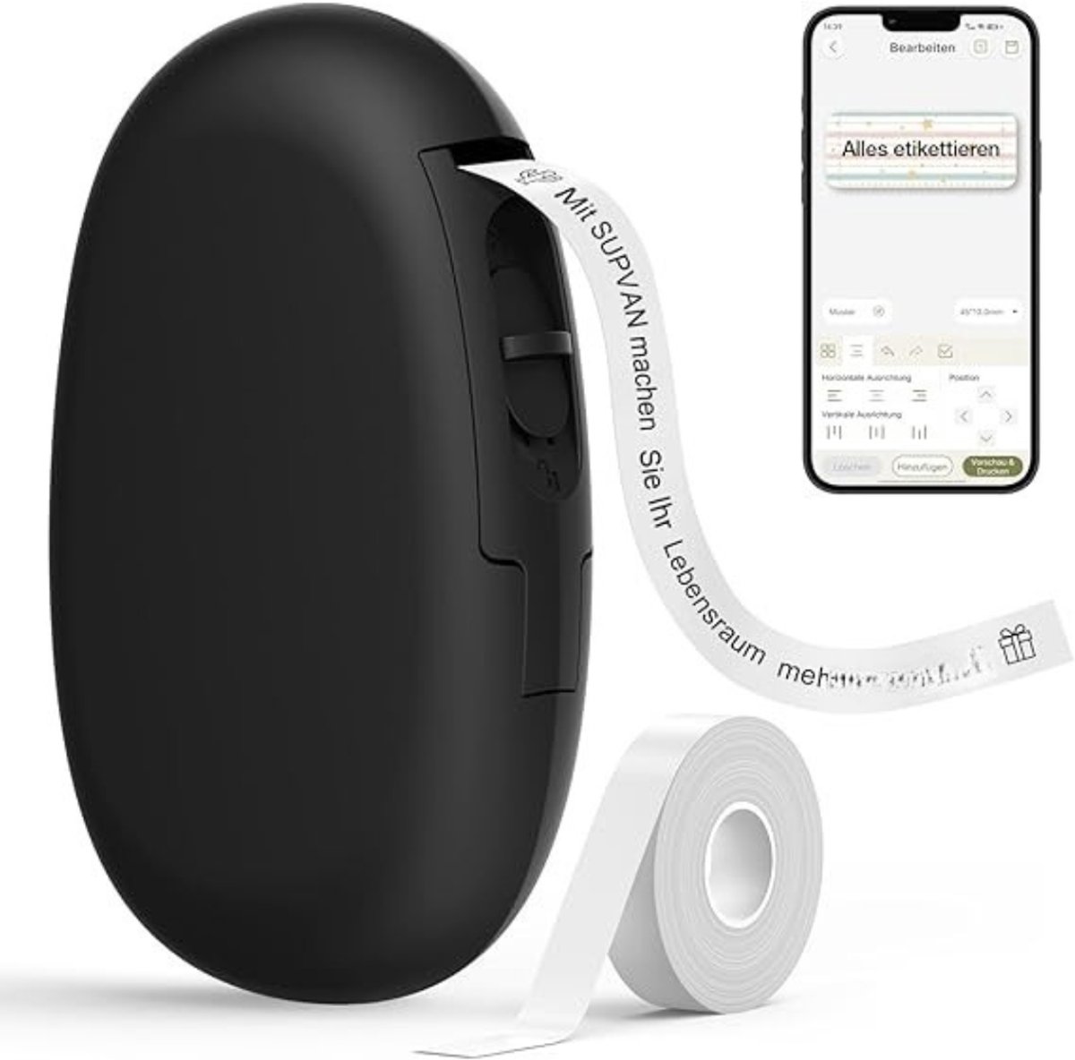 Thuys - Bluetooth Labelprinter - Draadloze Thermische Labelmaker - USB-C Oplaadbaar - Compatibel met iOS & Android - Inclusief 15 mm