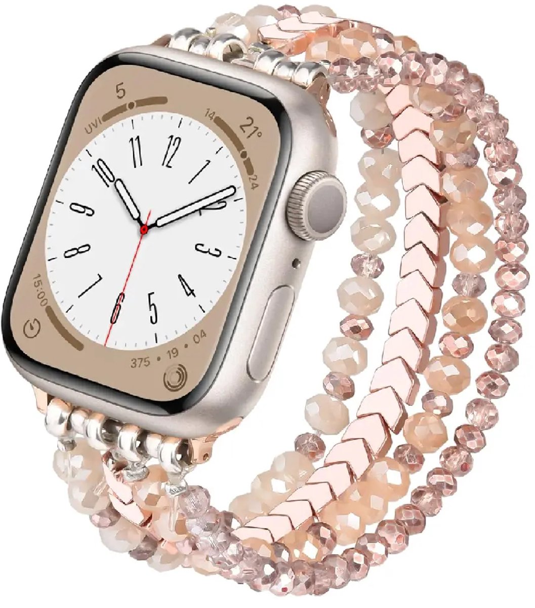 Strap-it Kralen Armbandje Geschikt voor Apple Watch 42mm (Series 11/10), 41mm (Series 9/8/7), 40mm (Series 6/5/4/SE 1/2/3), 38mm (Series 3/2/1) – Rosegoud – Handgemaakt Elastisch Dames Horlogebandje – Elegante Boho Stijl Kralen Bandje
