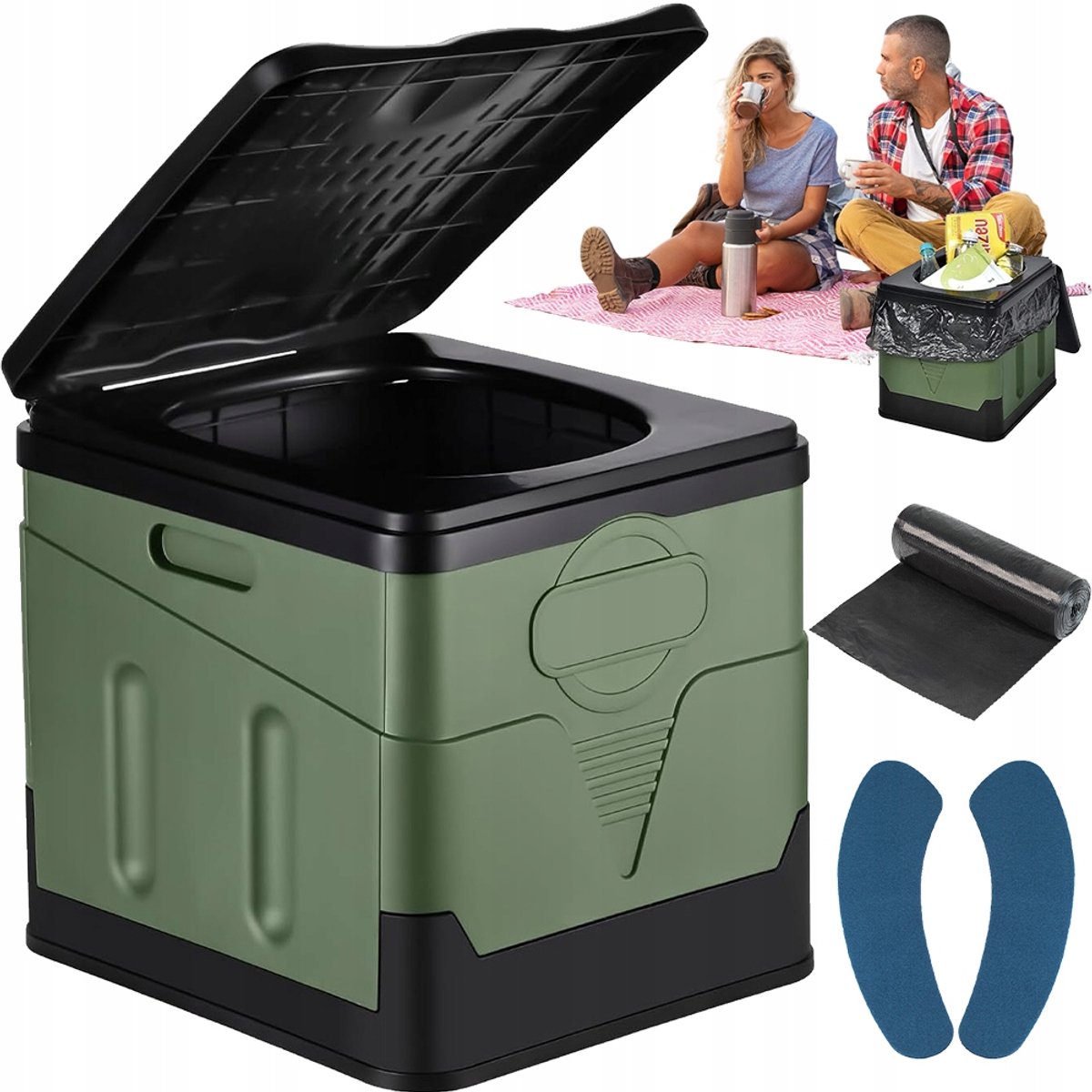 20L Campingtoilet - Draagbaar Toilet - Opvouwbaar - 150kg - PP - met Zakken - Prullenbak - Mobile Toilet - Voor Auto en Outdoor - Ruimtebesparend