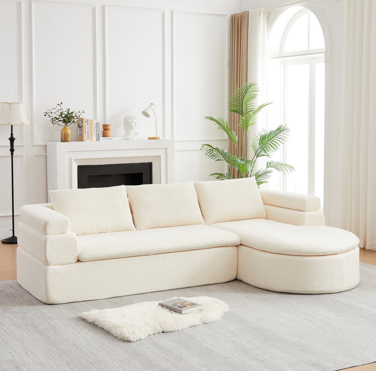 STILVORA Hoekbank 3-Zits - Met Chaiselongue En Chenille Bekleding - Voor Woonkamer, Kantoor En Salon - Cremewit Beige