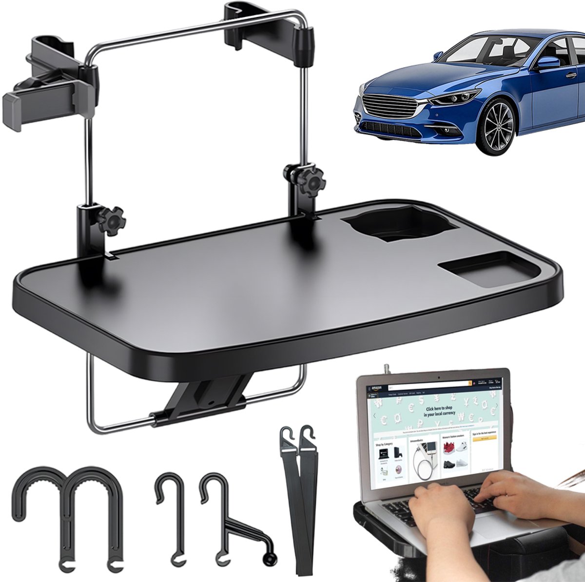 Driehoekige Autotafel - Zwart - ABS Stuur & Hoofdsteun Montage - 8kg Draagvermogen & Opvouwbaar - Incl. Bekerhouder & Telefoonsleuf - Snel te Monteren - Voor Eten, Werken & Kamperen