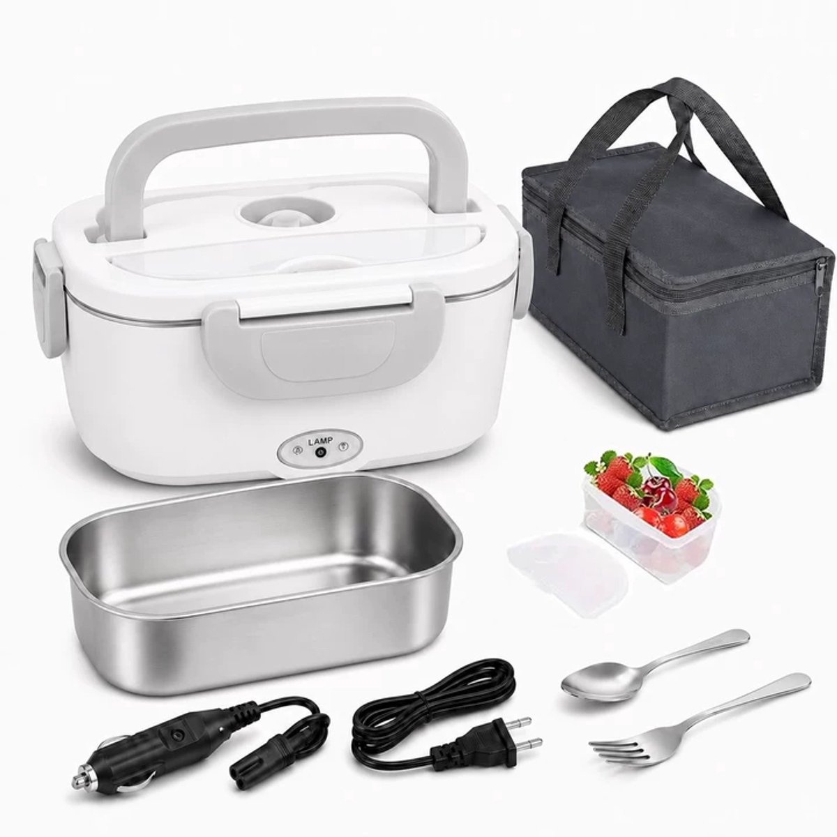 Elektrische Lunchbox - 100W Verwarmde Broodtrommel 1,5L - 3-in-1 voor 12V, 24V en 220V - RVS 304 Binnenbak - Lekvrije Maaltijdverwarmer voor Auto, Vrachtwagen, Kantoor en Reizen - Wit