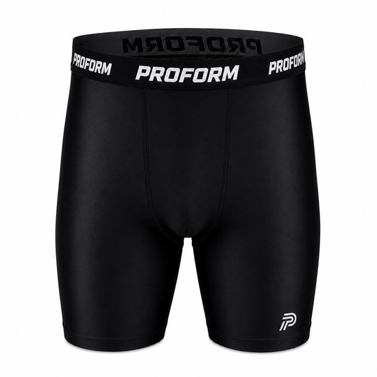 Zwart compressie slidingbroekje voor heren met wit Proform logo op de tailleband en op de linkerpijp.