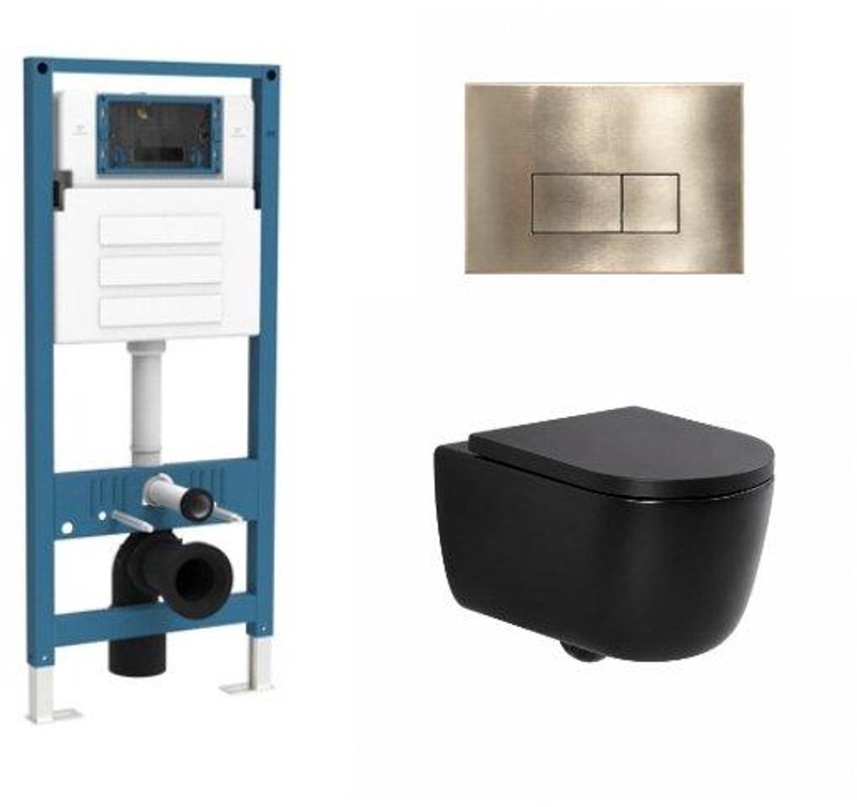 QeramiQ Dely Swirl Toiletset - inbouwreservoir Qeramiq Flush - 35mm zitting - metaal messing geborsteld bedieningsplaat - rechthoekige knoppen - mat zwart
