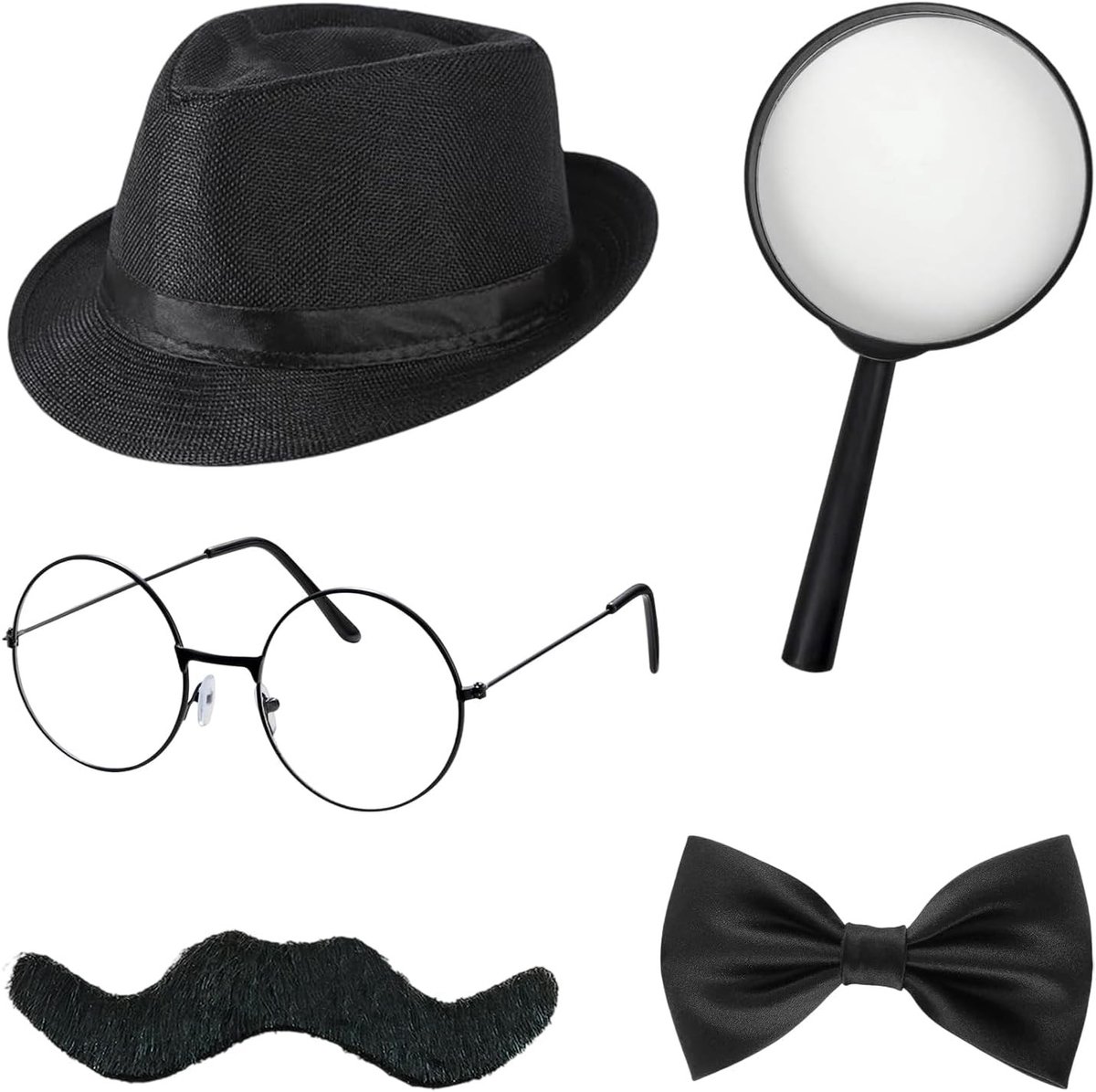 Detective Kostuum Accessoires Set met Hoed, Bril, Nep Snor en Vergrootglas voor Carnaval en Halloween Cosplay