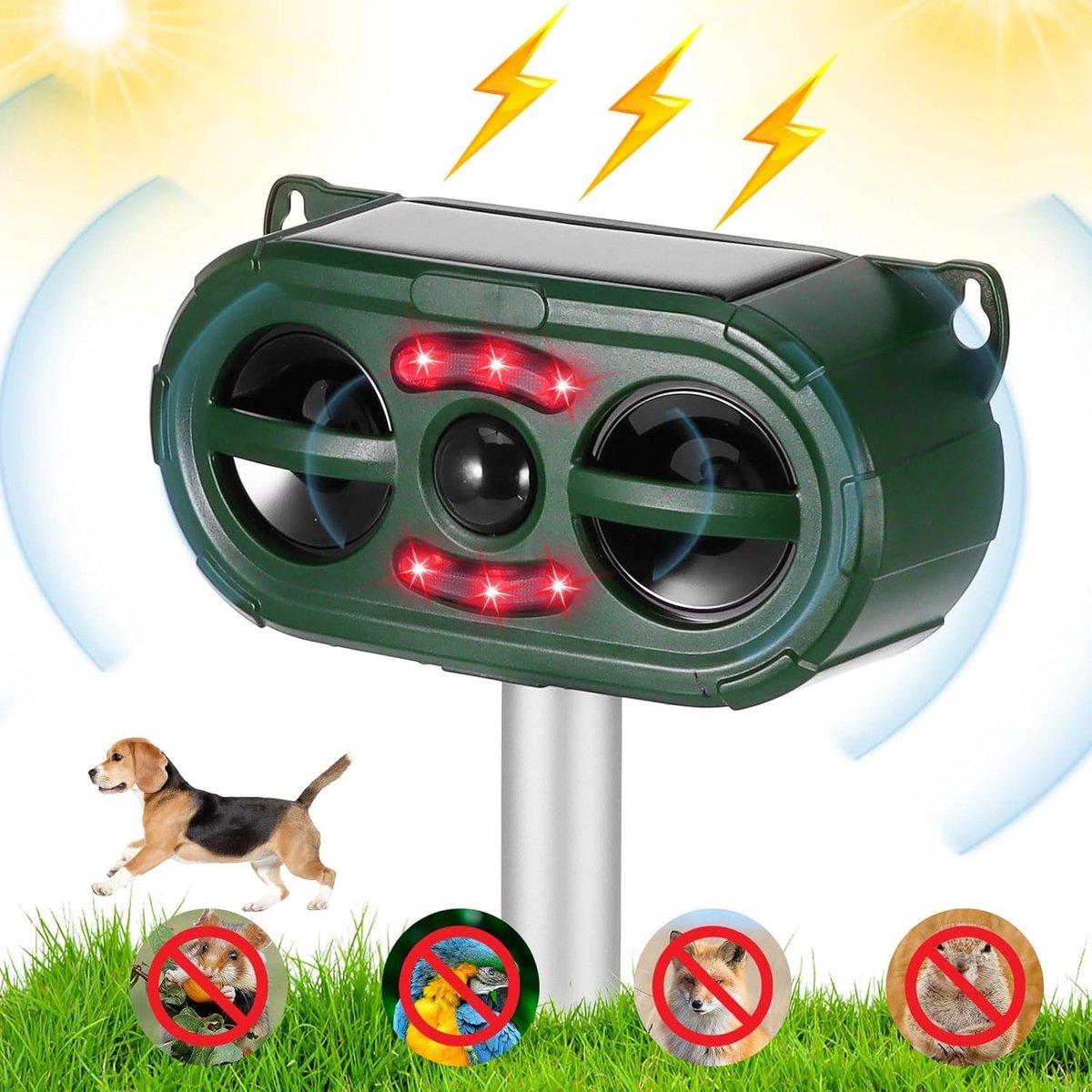 Ultrasone Dierenafschrikker voor de Tuin met PIR Sensor en 5 Instellingen, Effectief tegen Katten, Honden en Vogels, IP54 Waterdicht