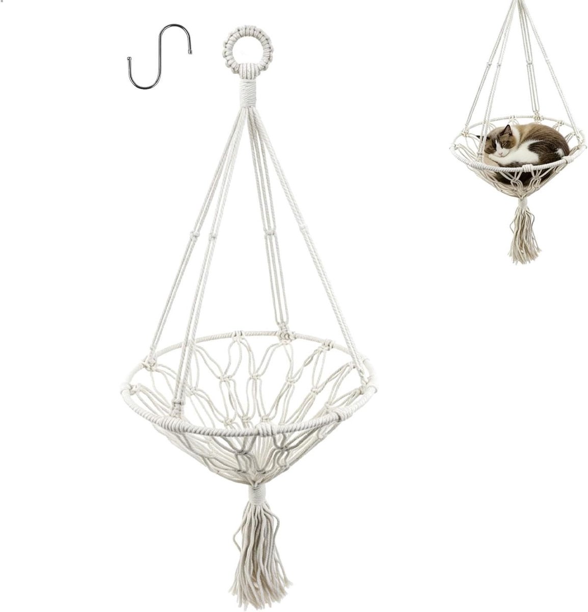 Macramé Hangmat voor Kittens tot 4 kg - Hangbed voor Katten met Fringes voor Tuin, Patio en Huiskamer, 30 cm