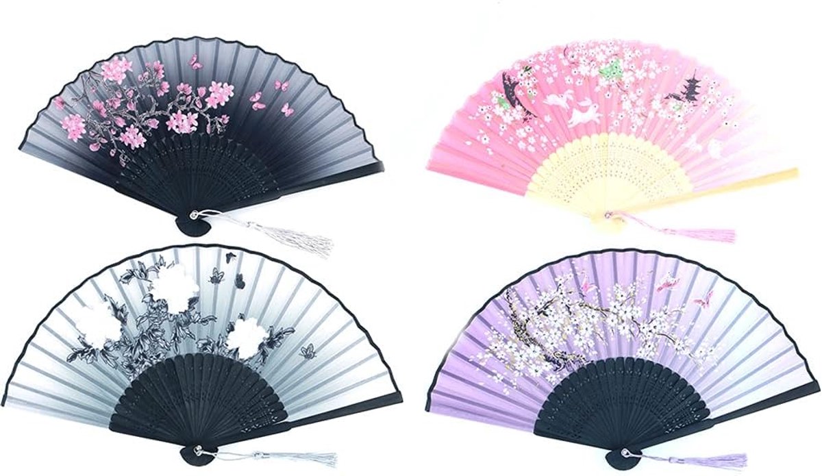 Handventilator 4 stuks - Vouwbare bamboefans - Met franjes - Ideaal voor decoratie - SnelShoppen