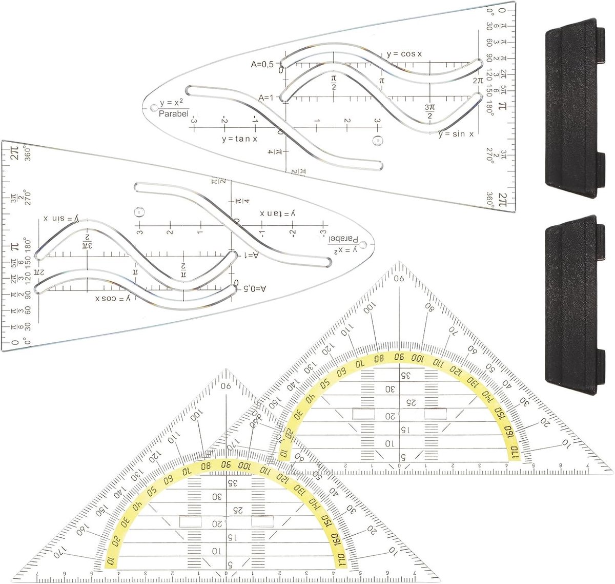 SnelShoppen - 4 Stuks Parabola Templates Wiskunde - 5.5 Inch Geometrische Driehoeken met Zwarte Handvat - Transparante Curveregels voor Cosinus en Tan