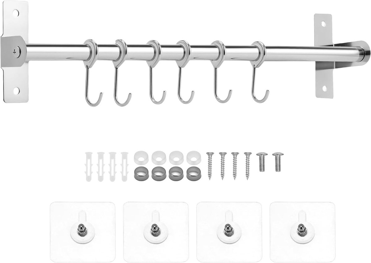 Hanging Rod 40 cm - Rvs met matte afwerking - 6 beweegbare haken - Perfect voor keukenorganisatie - SnelShoppen