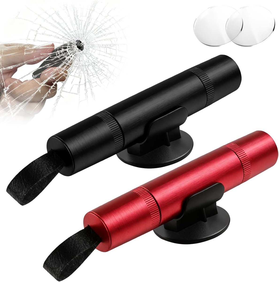 Autoveiligheidshamer - Set van 2 - Snelgereedschap voor noodgevallen: Raamverbreker - Twee-in-één raamverbreker - Noodgereedschap voor auto-ontsnapping - Gordelsnijder met standaard en testglas (Rood en Zwart)