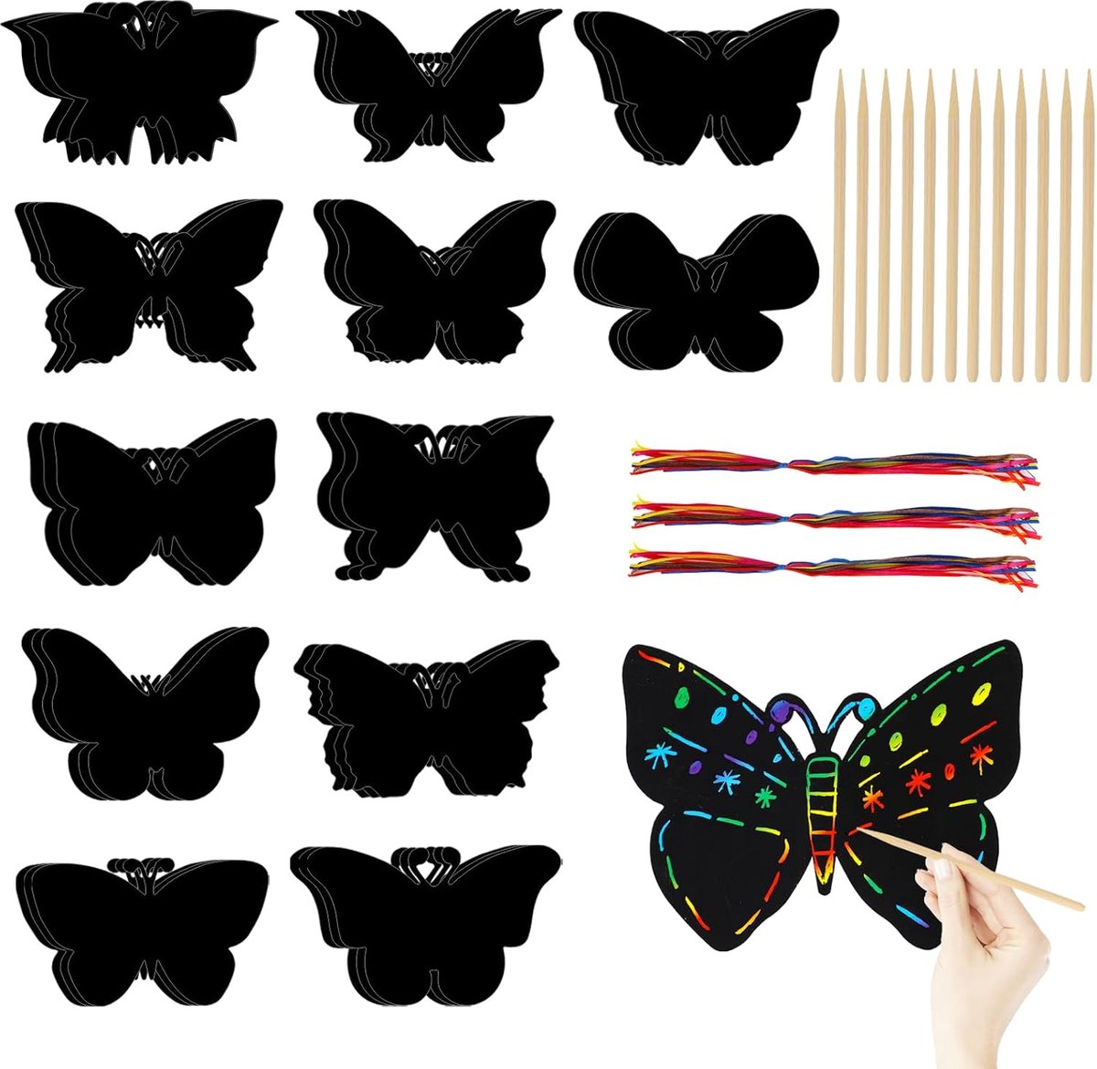 Krastekeningen set – 60 stuks – Vlinderontwerpen – Krabbladen Tekenen- Zwart kraspapier – Creatief cadeau – Ideaal voor DIY-knutselwerkjes feestjes – 9,6 x 12 cm – Zwart