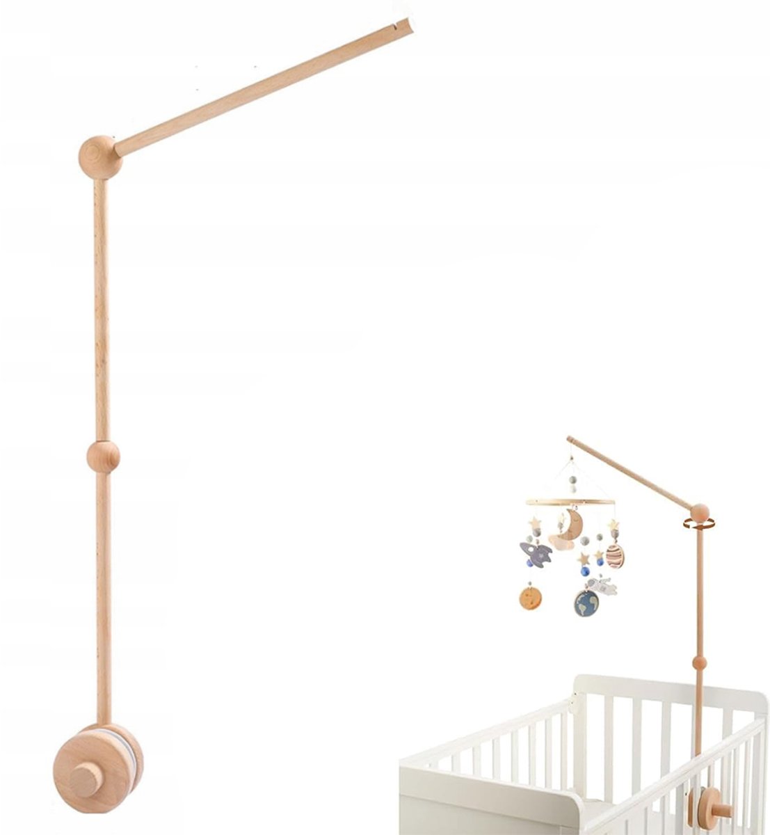 Houten wieg - Verstelbare mobielhouder - Windgonghouder voor naast het bed - Verplaatsbare wiegmobielhouder - Rammelaar voor baby's - Steunstang voor wiegmobiel - Slaaphulpmiddel voor baby's - Gebroken wit