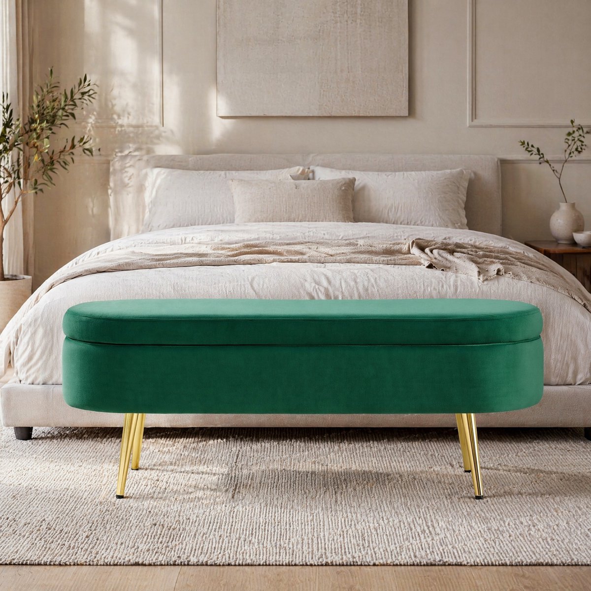 REDOM - Opbergbank - Velvet bekleding - Met hydraulisch scharnier en opbergruimte - Metalen poten - Scandinavische stijl - Woonkamer, slaapkamer en hal - Hout en metaal - Groen - 110 x 40 x 42 cm