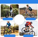 Een collage met diverse fietsers en hun fietsen in verschillende landschappen. Een ronde witte ruimte is centraal geplaatst.