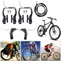Een collage met een fiets, fietsers en gedetailleerde afbeeldingen van fietsremmen. Een rode fiets met rem aan het wiel en een stuur met rode handvatten zijn te zien.