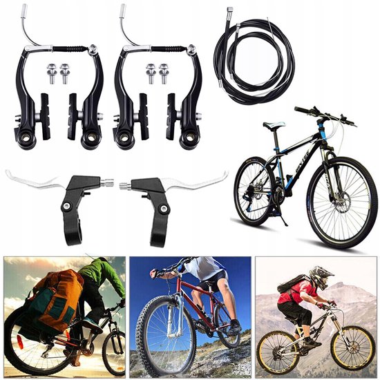 Een collage met een fiets, fietsers en gedetailleerde afbeeldingen van fietsremmen. Een rode fiets met rem aan het wiel en een stuur met rode handvatten zijn te zien.