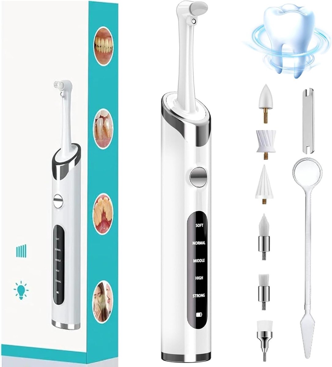 Tandenpolijstset met 5 snelheidsstanden en 5 opzetstukken, tandenbleken voor reiniging met ledlicht, IPX6 waterdichte tandenpolijstset, complete set voor thuisgebruik voor een wittere mond.
