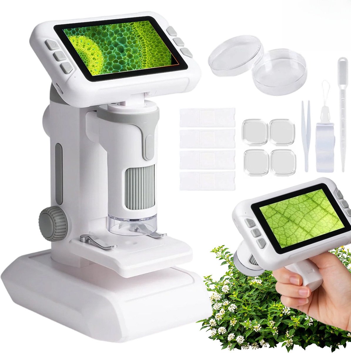 100x-1600x Digitale Microscoop - 4-inch IPS HD Scherm & Camera - 3-in-1 Desktop/Handheld/Draagbaar - Continu Scherpstelbereik - Foto & Video Opname - Verstelbare LED-verlichting & USB-projectie - Voor Kinderen, STEM-onderwijs & Natuurverkenning