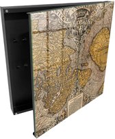 Tulup Sleutelkast - Antieke Oude Kaart Sleutelbox - 30x30x5 cm - Zwart interieur - Sleutelkastje Voor Binnen met 50 haken - Geel - Rechtsopenend