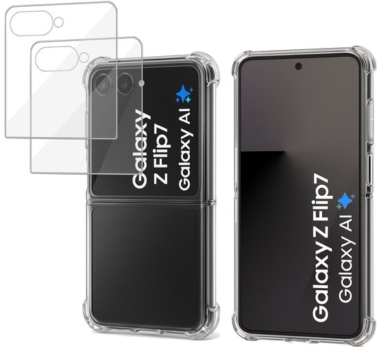 Étui et protecteur d'écran transparent pour Samsung Galaxy Z Flip 7, plié et ouvert.